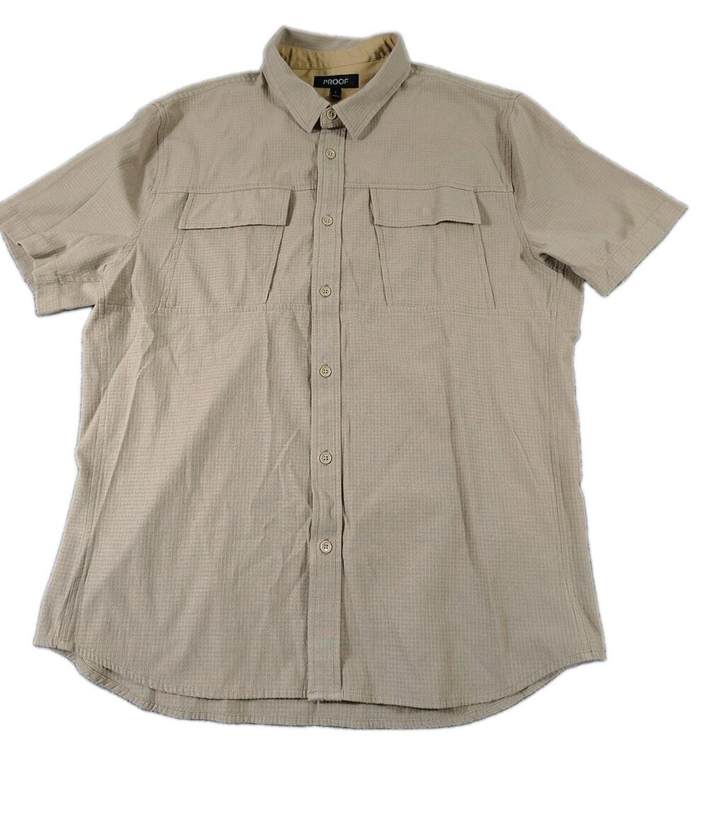 PROOF Shirt Men's L Beige Short Sleeve Huckberry Button Down Ripstop EUC